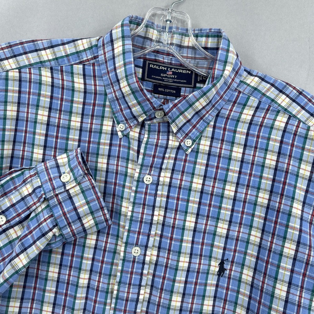 Vintage Ralph Lauren Shirt Mens Large Blue Plaid Button Down Sport Tartan 90s